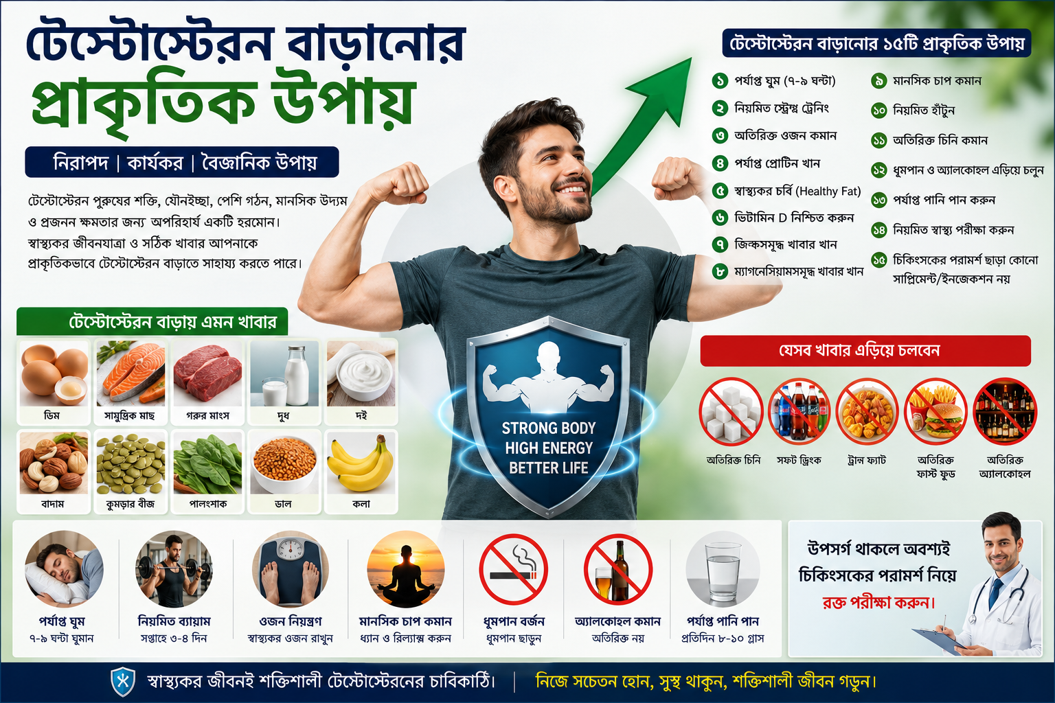 টেস্টোস্টেরন বাড়ানোর ১৫টি প্রাকৃতিক উপায় নিয়ে বাংলা ইনফোগ্রাফিক, যেখানে স্বাস্থ্যকর খাবার, ব্যায়াম, পর্যাপ্ত ঘুম, ওজন নিয়ন্ত্রণ এবং স্বাস্থ্যকর জীবনধারার পরামর্শ দেখানো হয়েছে।